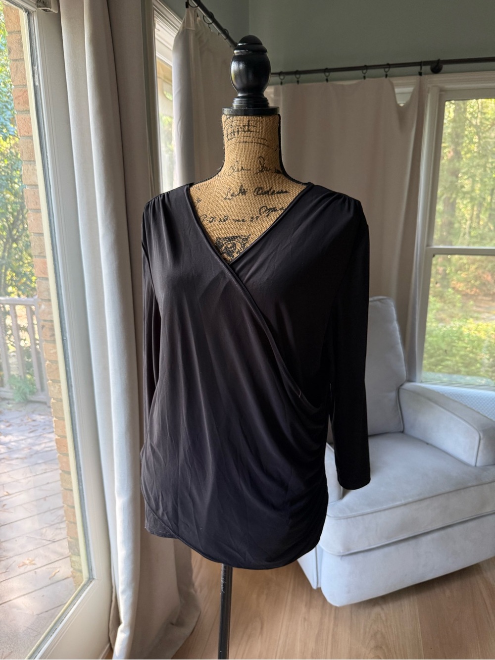 Coldwater Creek Black Draped Wrap-Front Long Sleeve Top